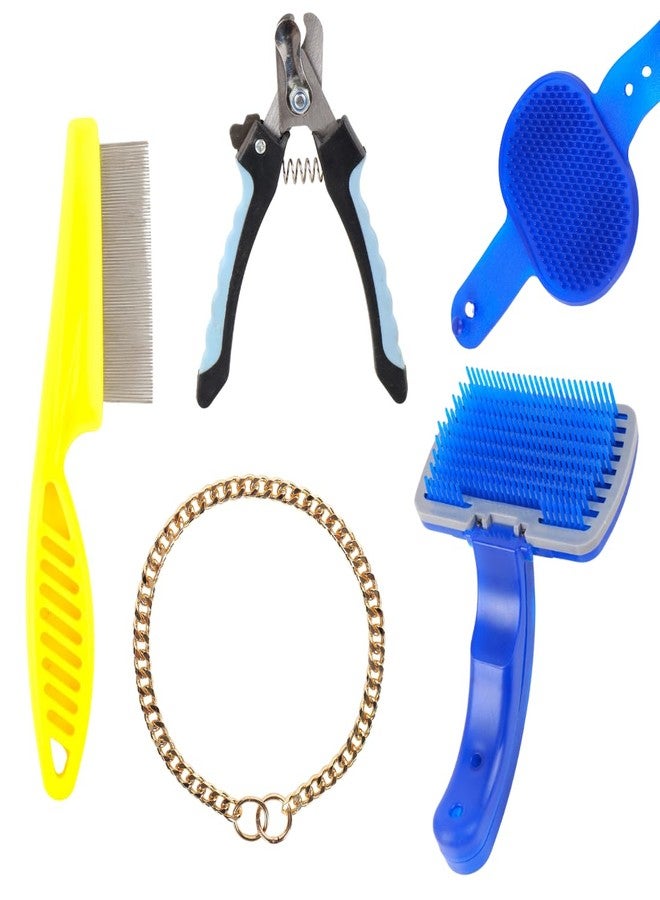 REGIIS Dog Nail Clipper Grooming Kit with Comb, Slicker Brush, Bath Brush, Chain Collar, 5 Piece Set - Image 1